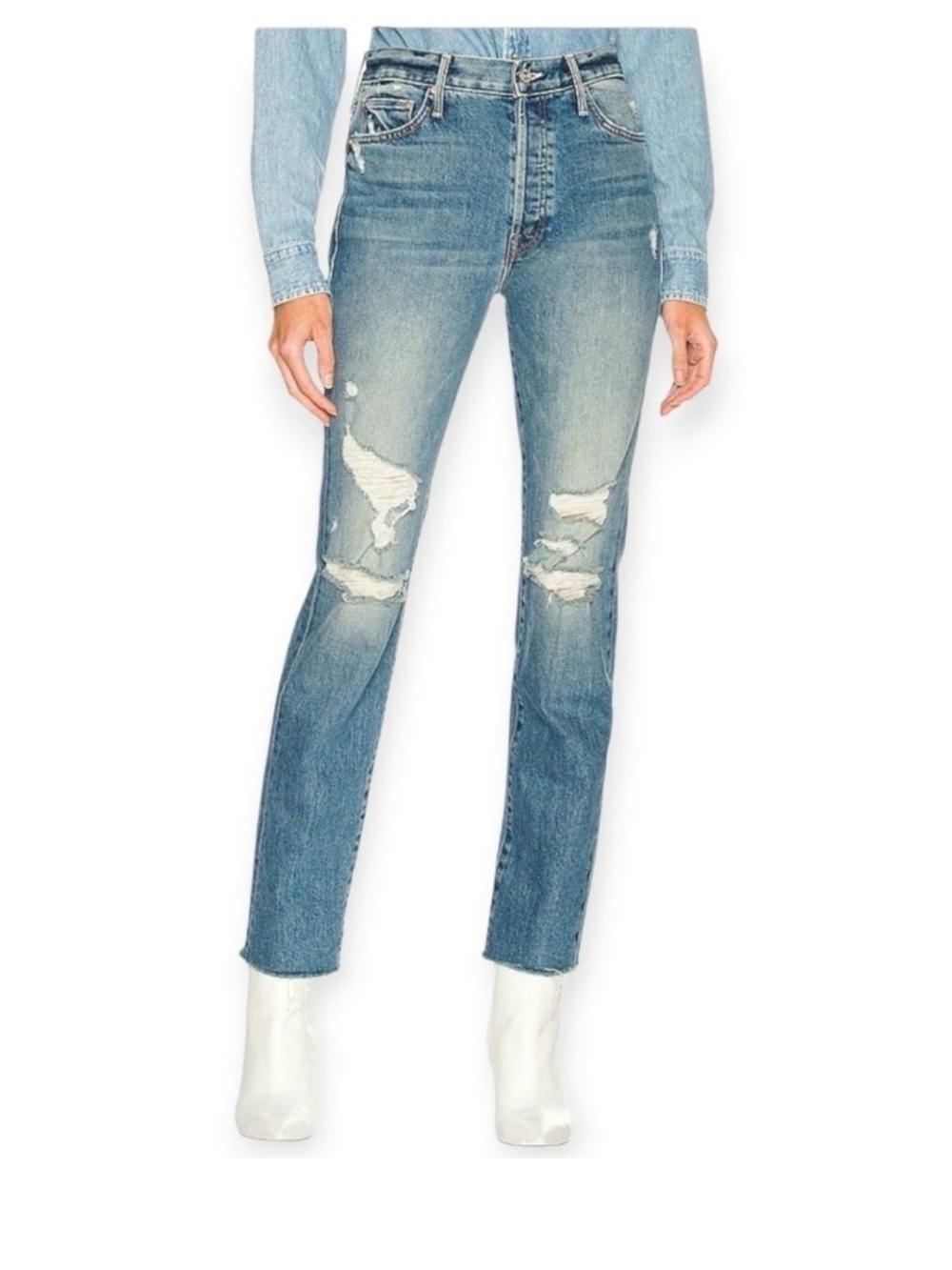 MOTHER Light Blue High-Rise Distressed Denim Jeans